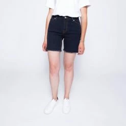 1083 SHORT SLIM 274 COURT Taille Haute Coton Bio Uni Bleu Nuit