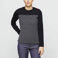 1083 PULL 671 SAINT JAMES Laine Merinos Bleu Marine/blanc Femme